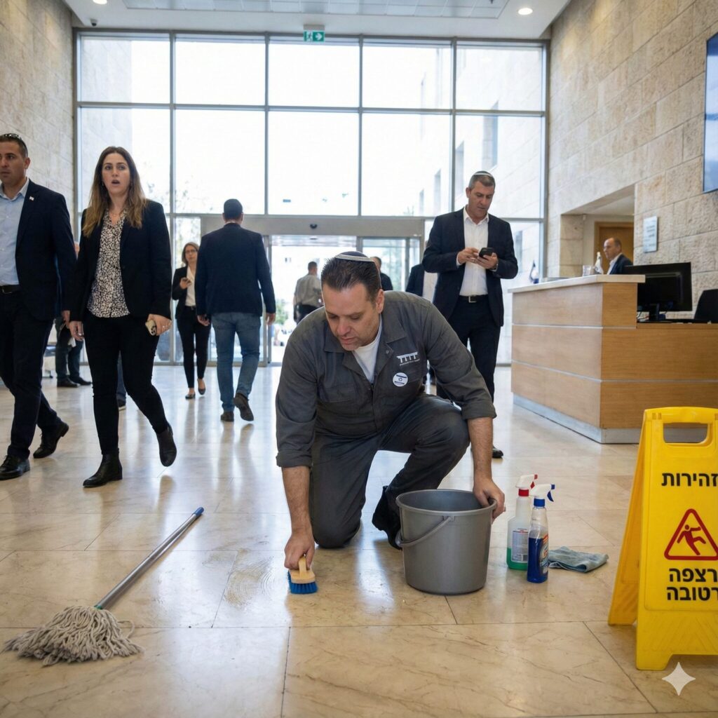 עובד ניקיון מקרצף רצפת לובי לצד שלט אזהרה לרצפה רטובה