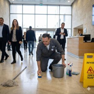 עובד ניקיון מקרצף רצפת לובי לצד שלט אזהרה לרצפה רטובה