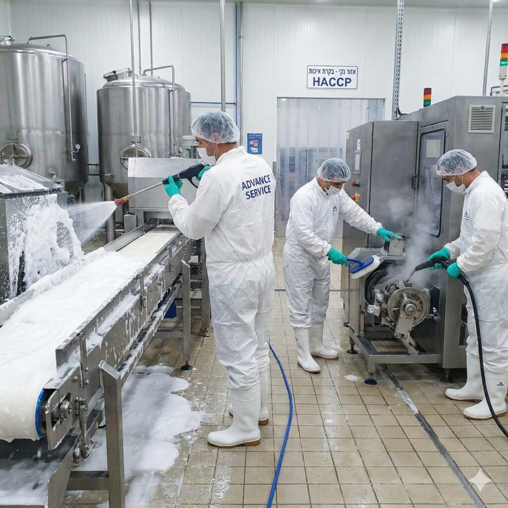 עובדי ניקיון בחליפות מגן מנקים ציוד במפעל מזון