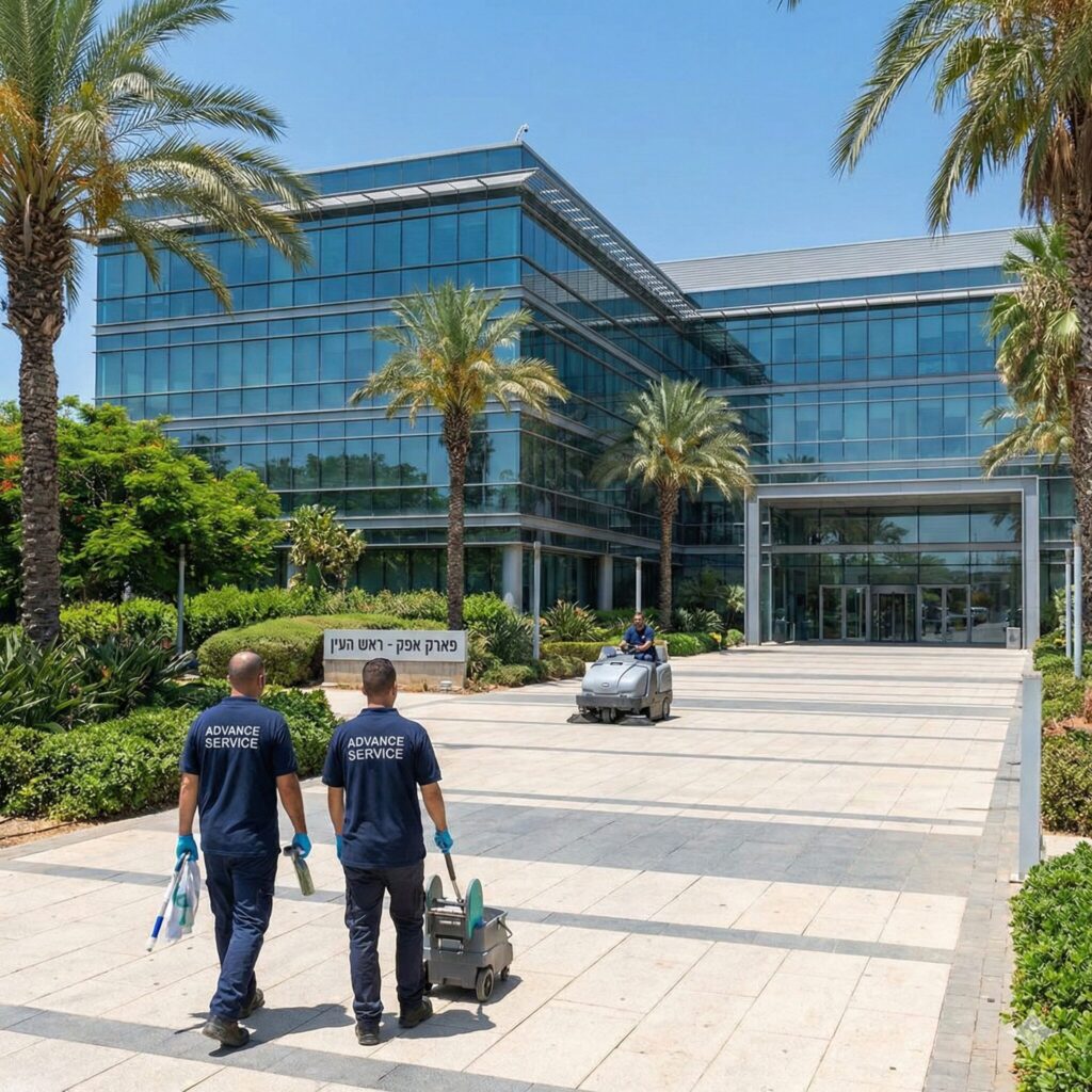 שני עובדי ניקיון נושאים ציוד בכניסה לבניין עם חזית זכוכית